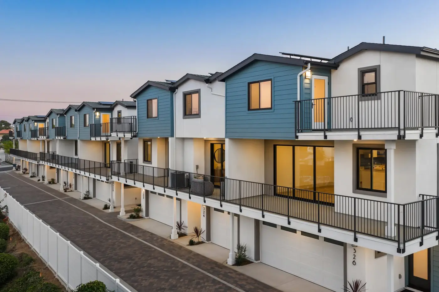A row of new townhomes at The Currents in Carlsbad, California.
