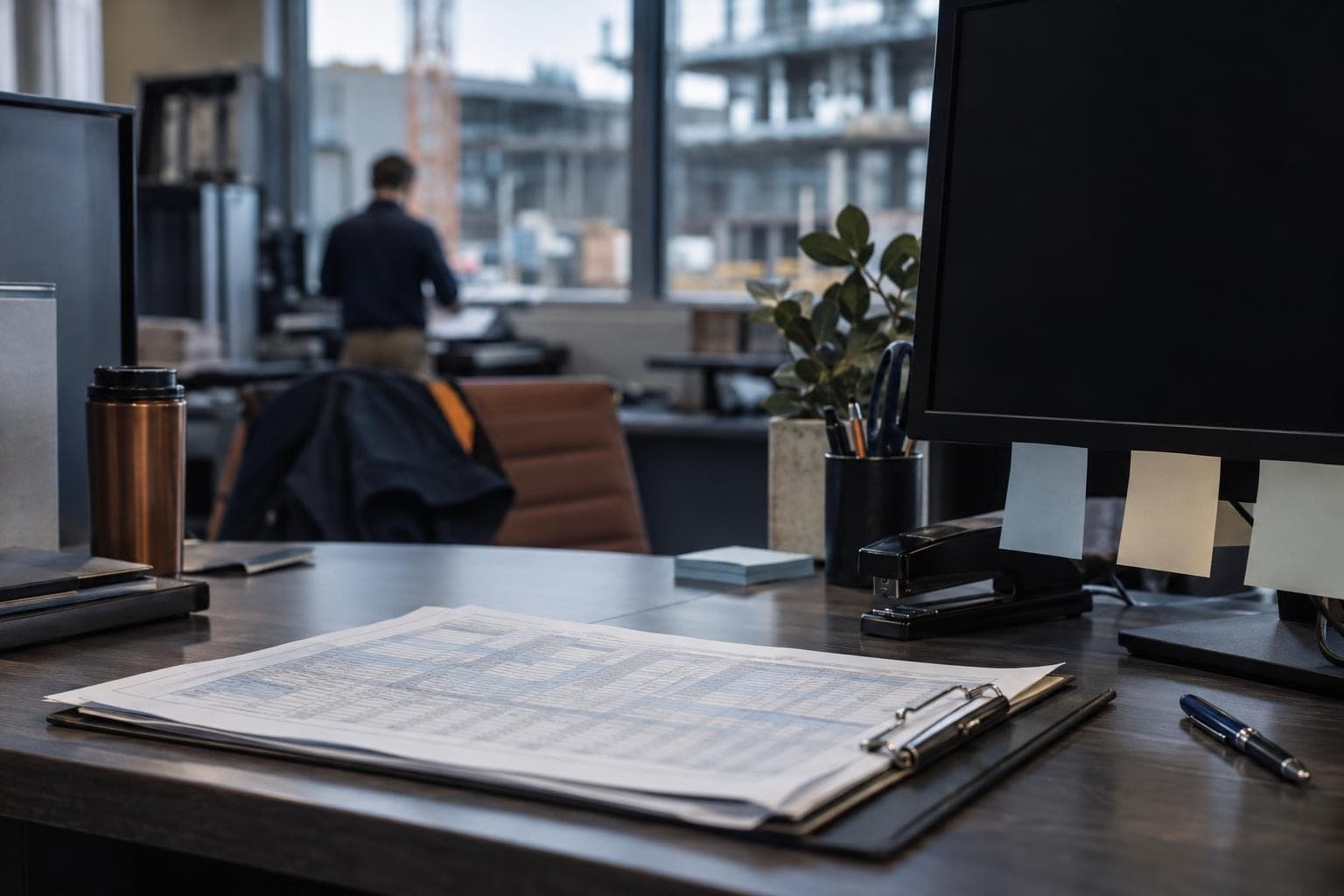 A printed spreadsheet on a clipboard beside blank sticky notes on a monitor in a small operations office