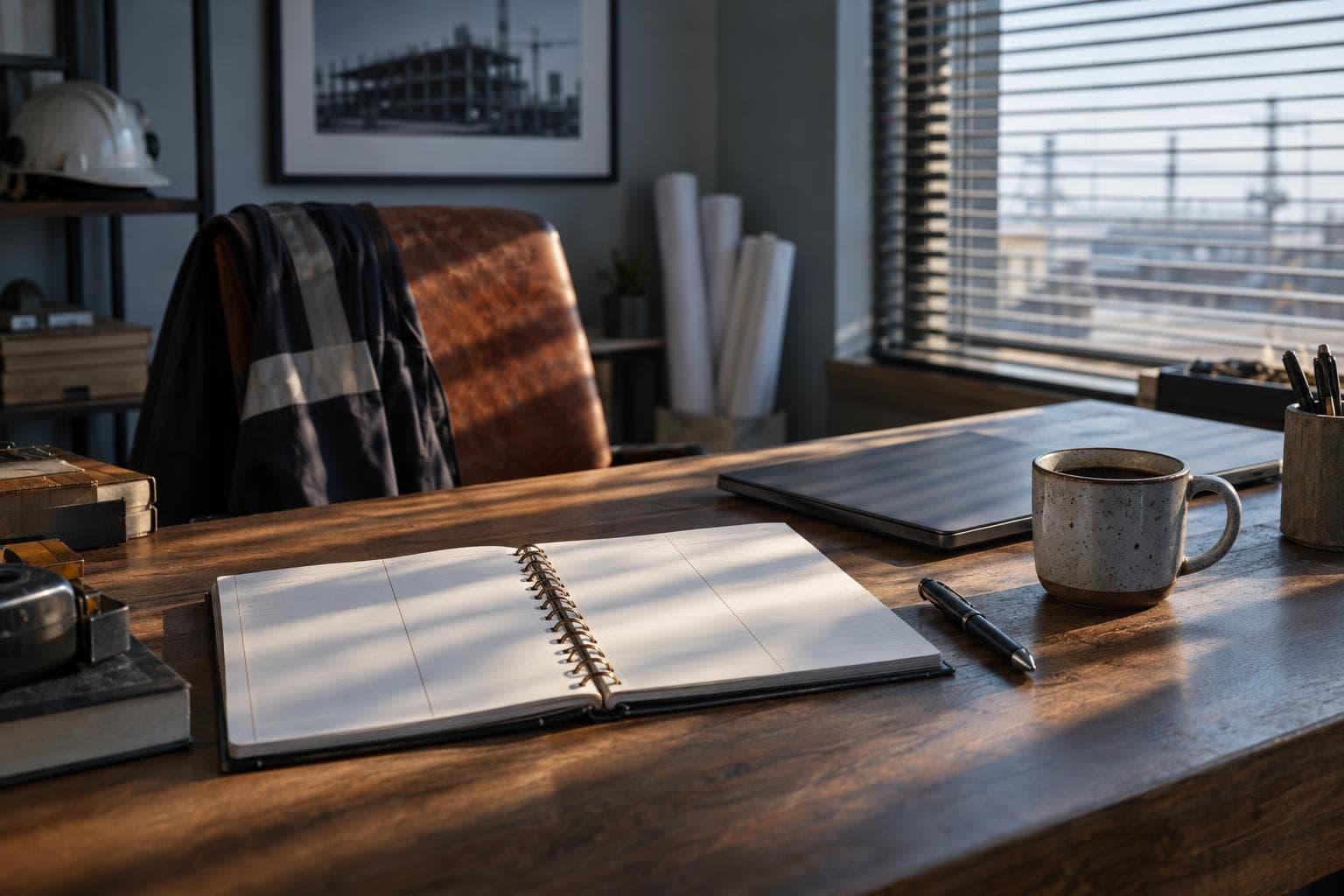 An open weekly planner, a coffee and a pen on a desk in early morning light through window blinds