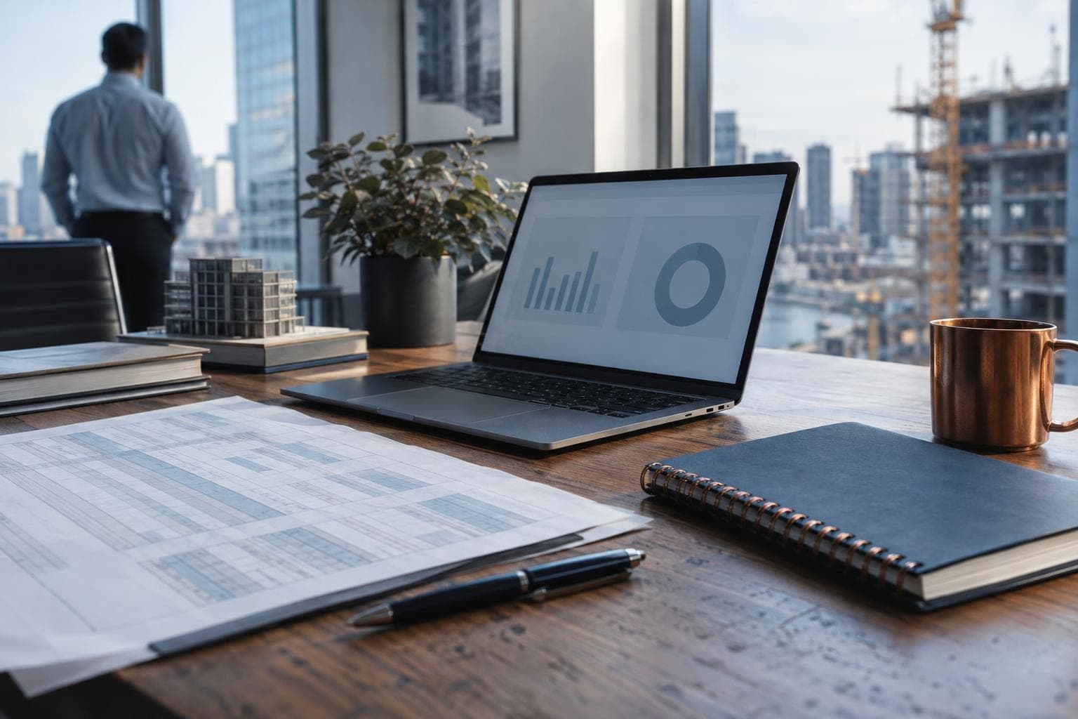 A laptop, printed spreadsheet, pen and notebook on a leasing operations desk in natural window light