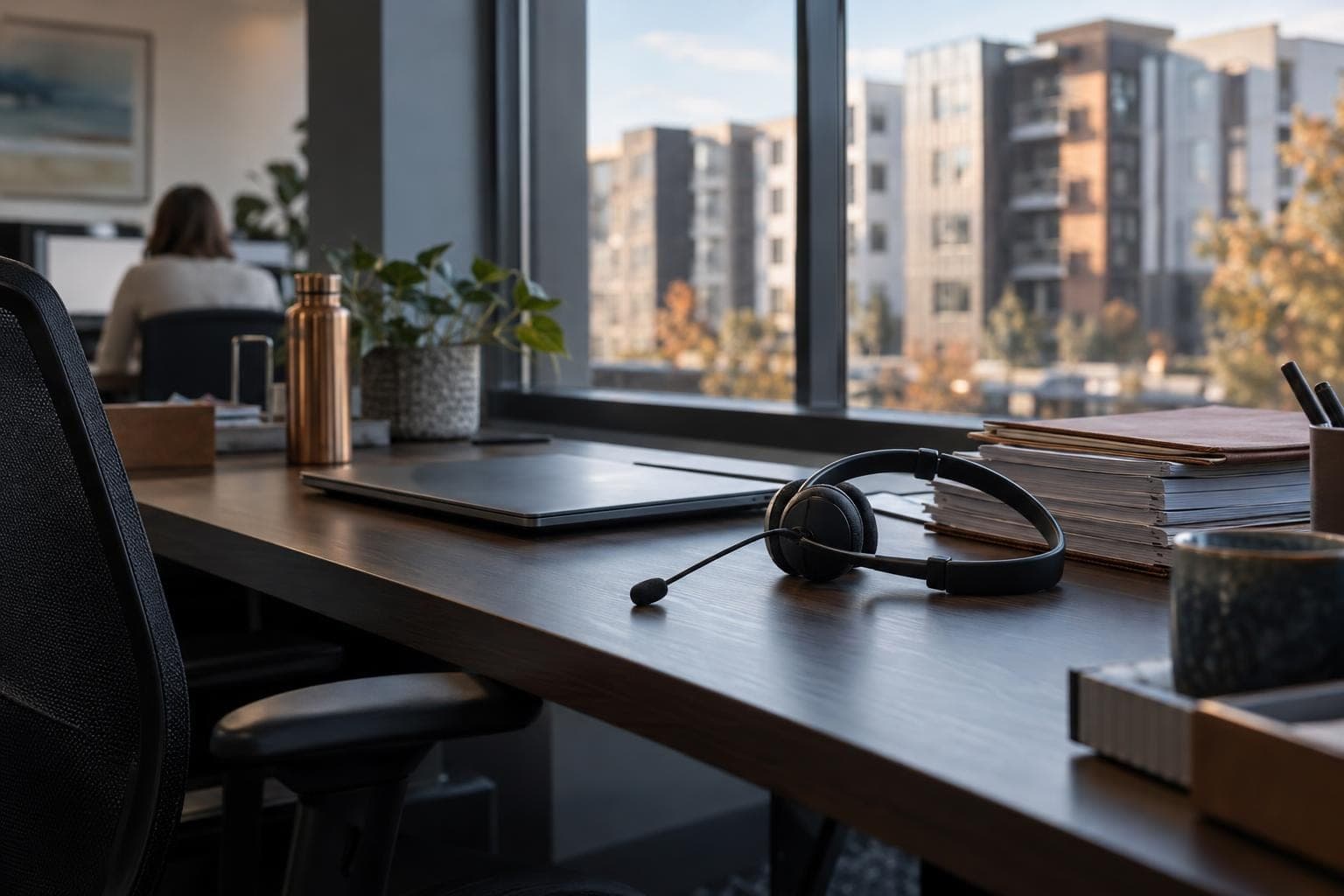 A phone headset beside a laptop and paper files at an office desk, apartment buildings outside the window
