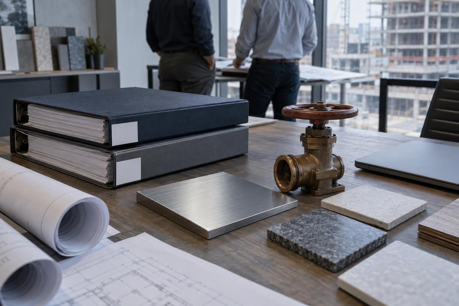 Submittal binders, a metal panel sample, a pipe valve and tile samples laid out on a review table