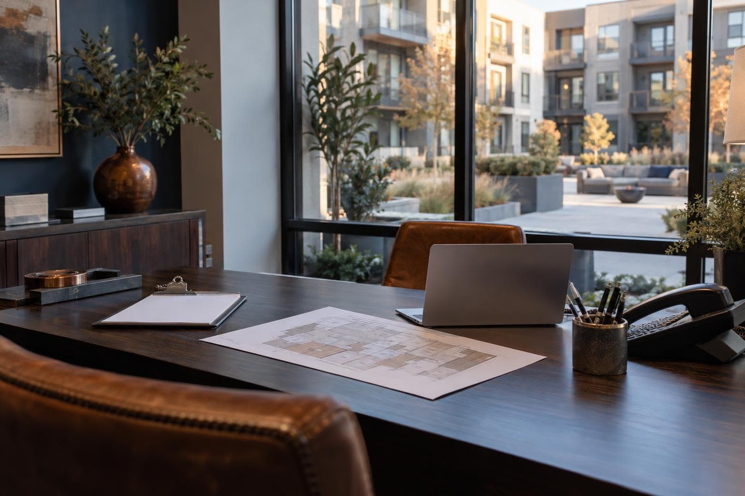 A leasing office desk with a floor plan, visitor clipboard, phone and laptop beside a window facing an apartment courtyard
