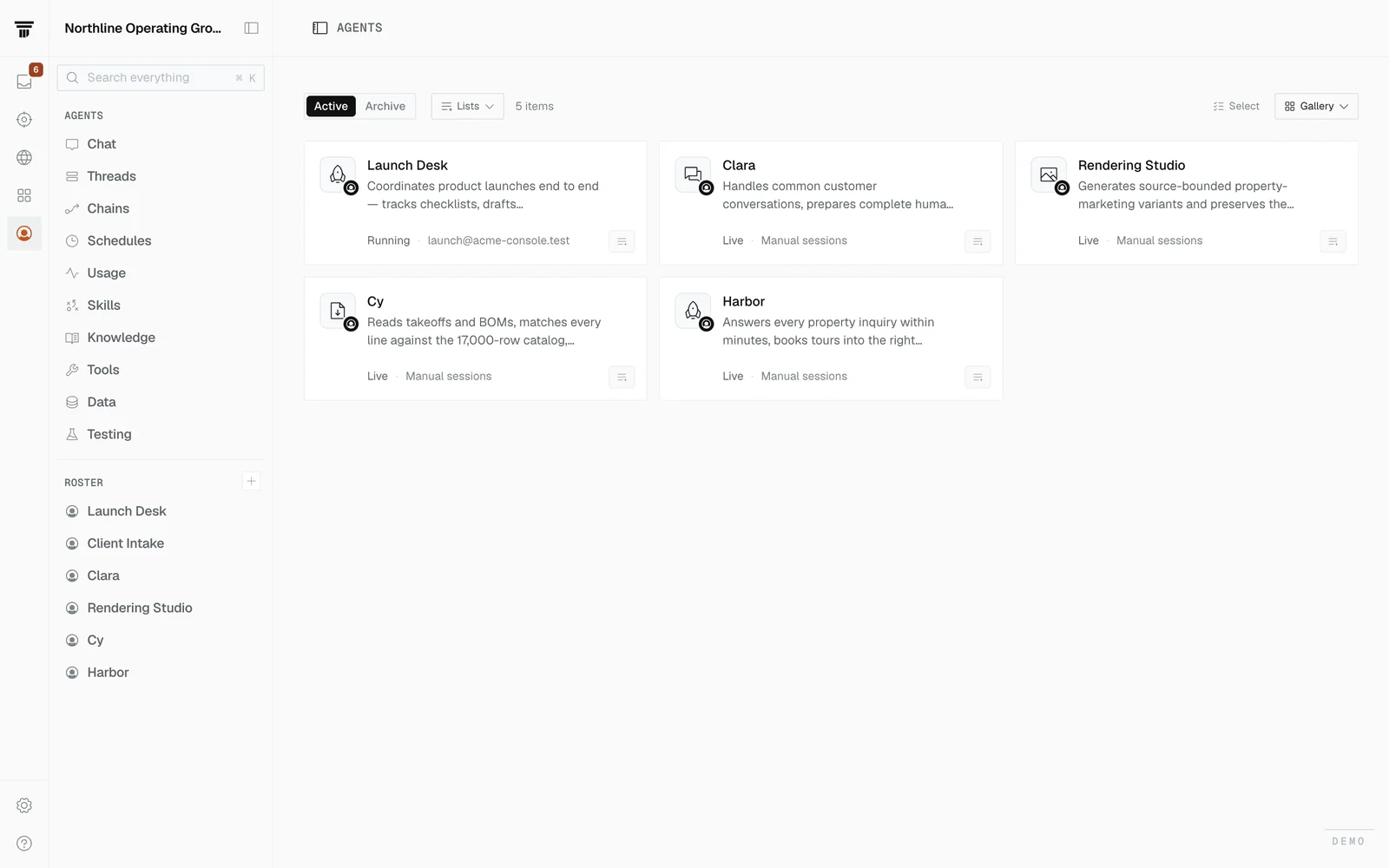 The agent roster with skills, knowledge, tools and schedules.