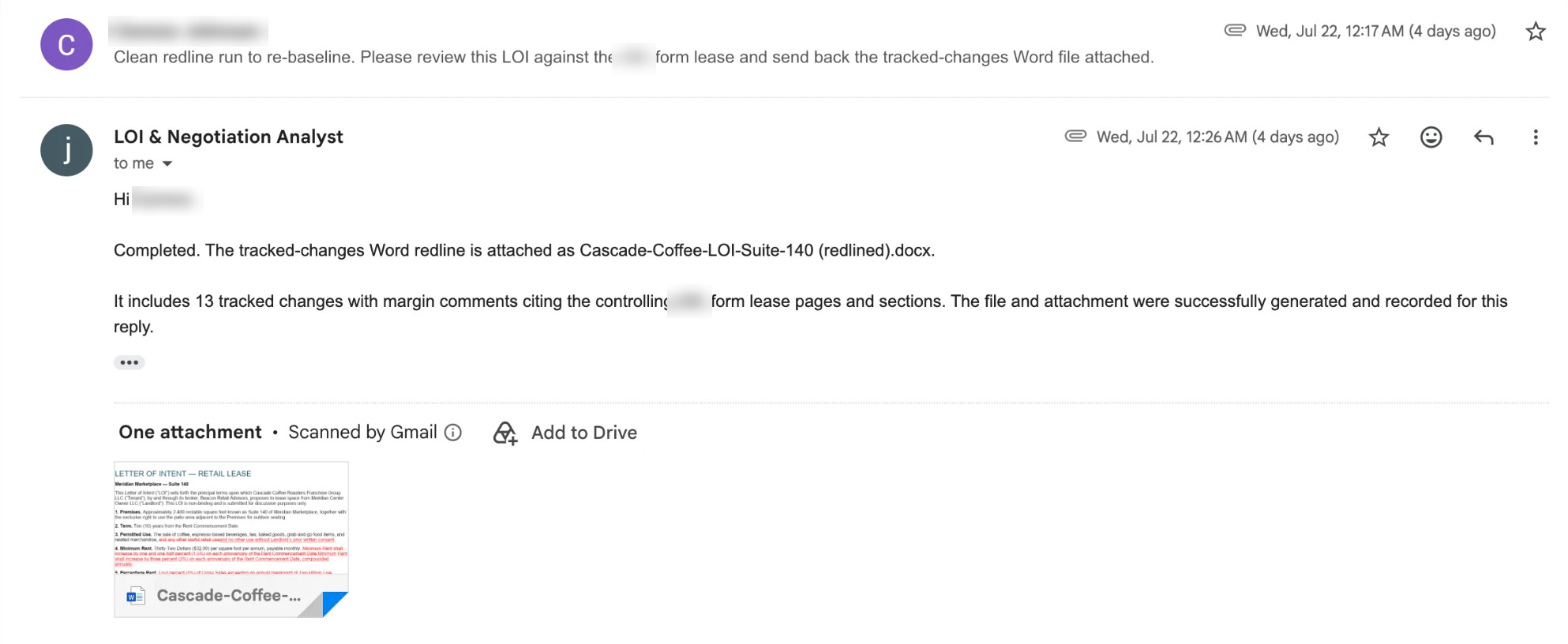 A real Gmail thread: a one-line ask to review an LOI against a form lease, and the LOI & Negotiation Analyst replying nine minutes later with the tracked-changes Word file attached. Names blurred.