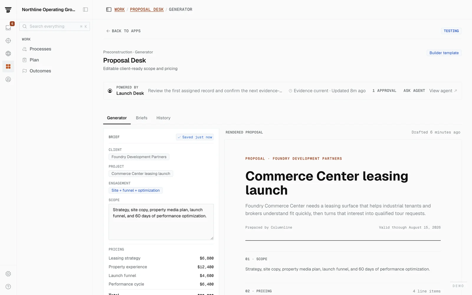 Proposal Desk: a brief on the left becomes a rendered, priced proposal on the right.