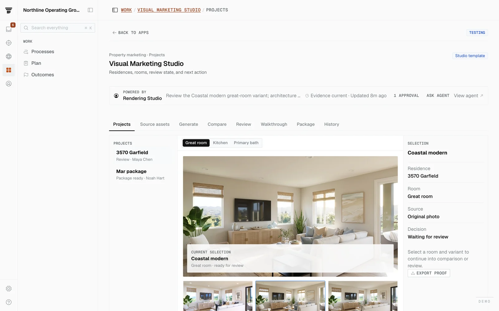 Visual Marketing Studio: a great-room photo staged as reviewable variants.