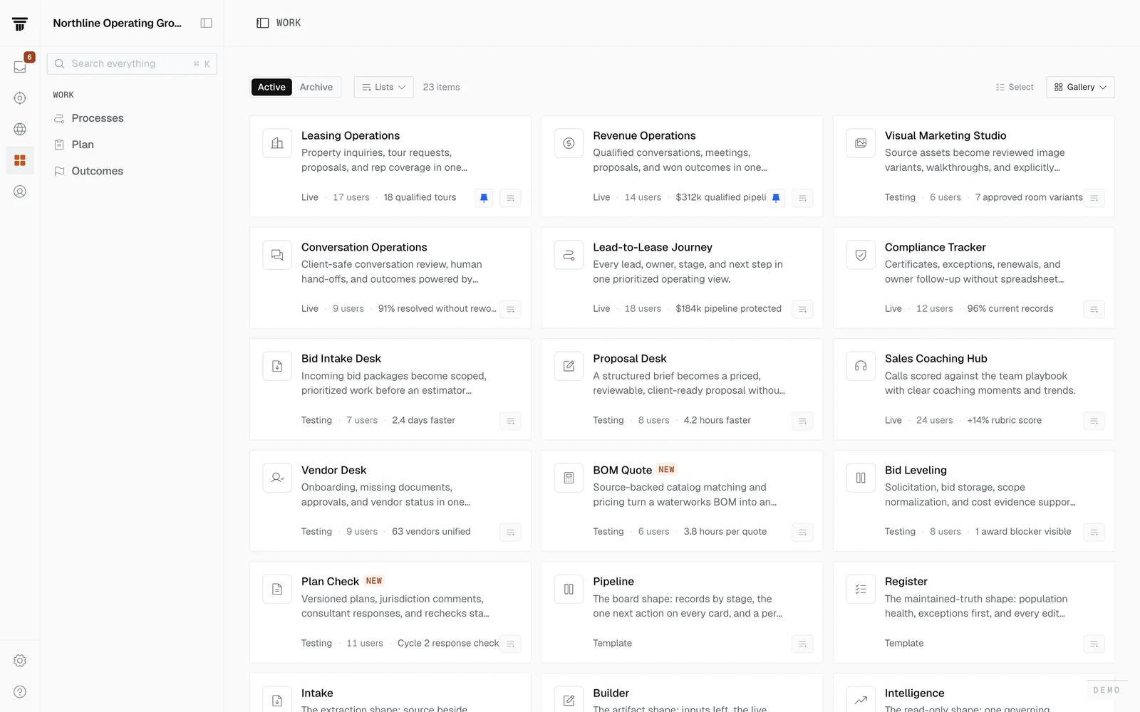 The Work gallery in the Columnline console: every job as a card with live status and receipts.